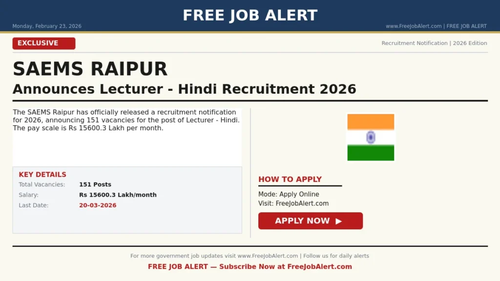 SAEMS Raipur Recruitment 2026 – Apply Online for 151 Teaching and Non-Teaching Posts